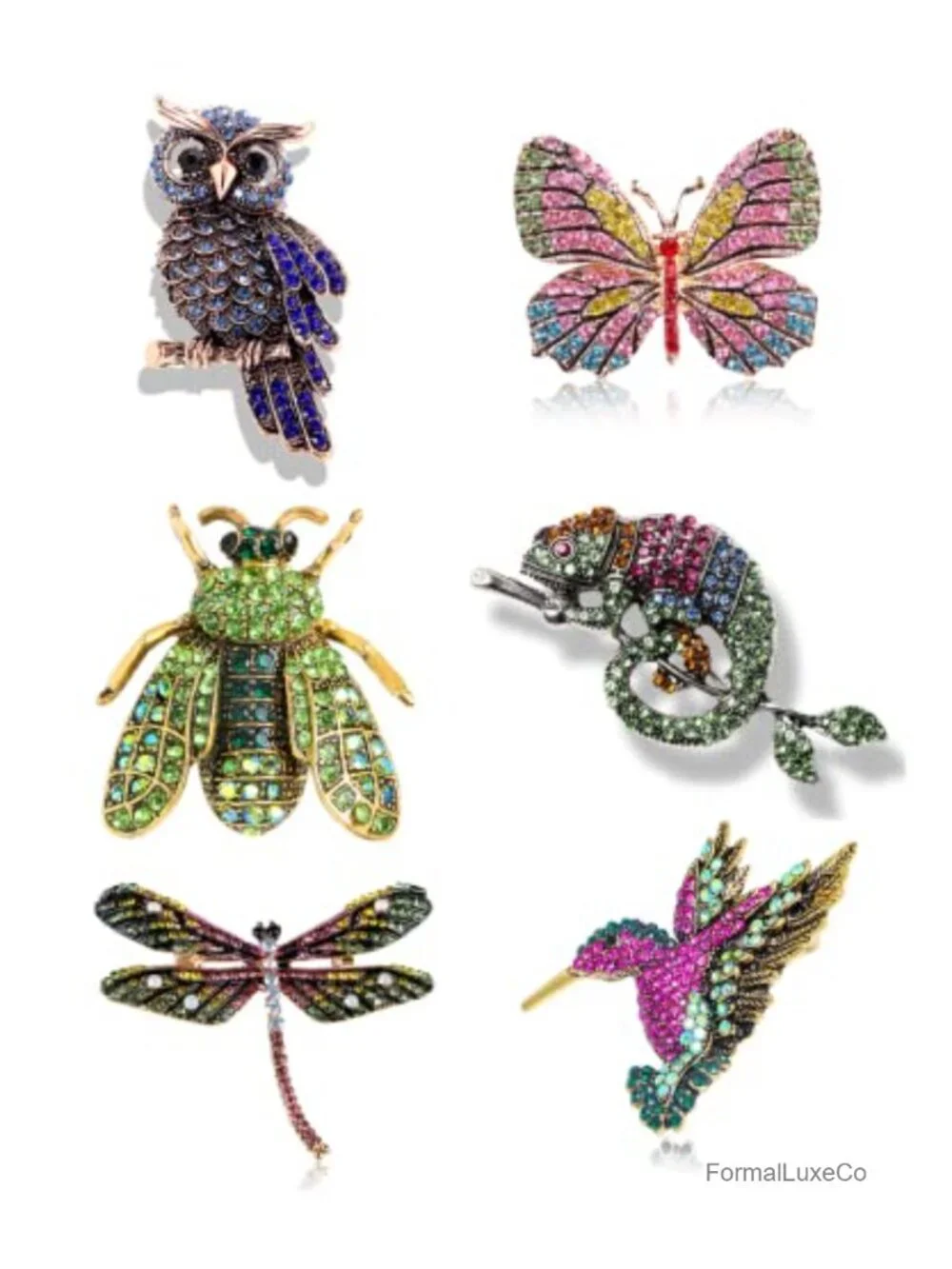 6pc Rhinestone Animal Brooch Set Vintage Colorful Pin Butterfly Owl Hummingbird